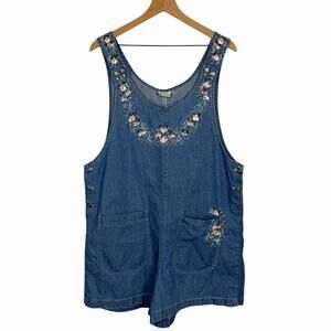 Vintage Womens Hand Painted Denim Overall Shorts Romper Size Large Cottagecore